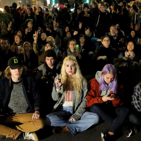 Demonstrators block the street during a protest outside the Trump International Hotel and Tower following President-elect Donald Trump's election victory in Manhattan, New York, U.S., November 9, 2016. REUTERS/Andrew Kelly